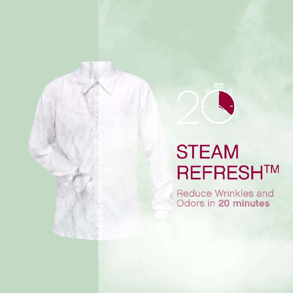 The image describes that LG’s Steam Refresh technology can reduce wrinkles and odors of clothing in 20 minutes.