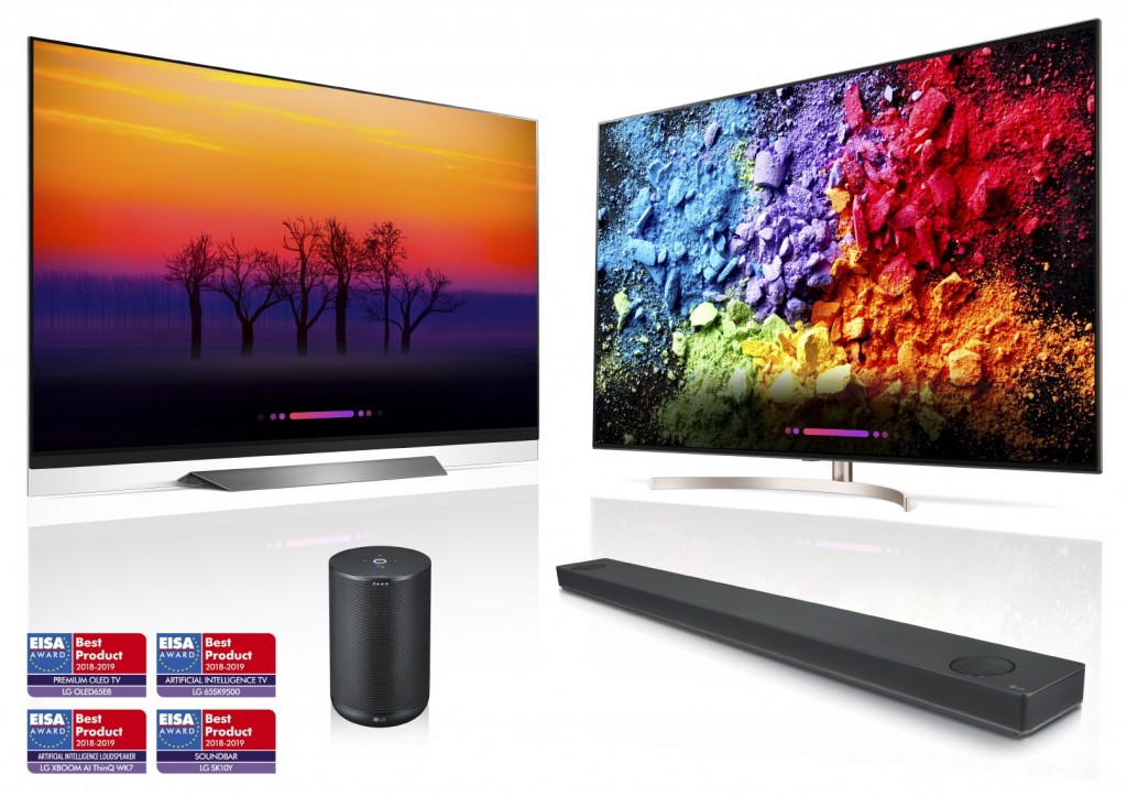 LG’s AI ThinQ-enabled products including OLED TV, LG SUPER UHD TV, LG XBOOM and LG Soundbar above four EISA AWARD logos.