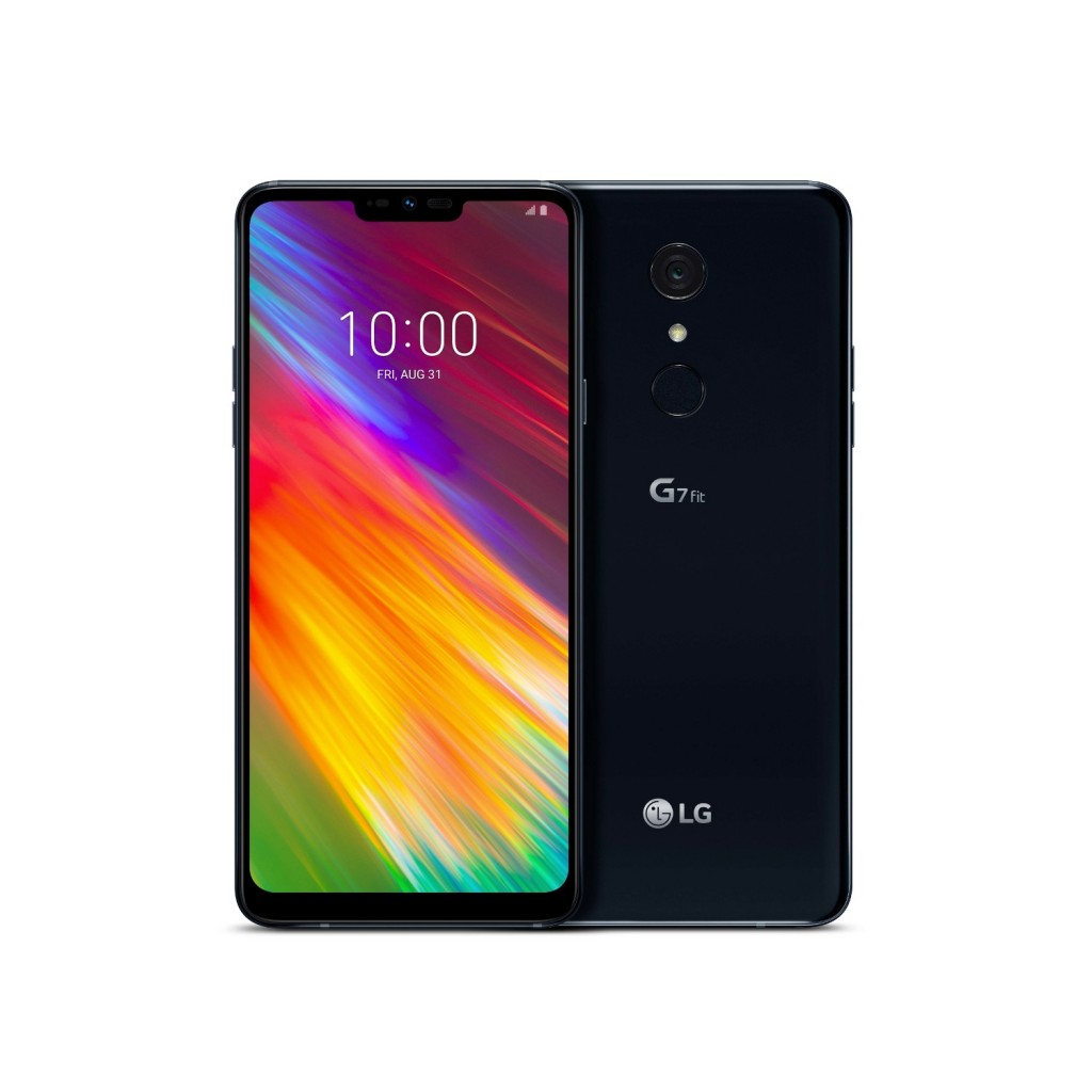 The front and rear view of the LG G7 Fit in New Aurora Black