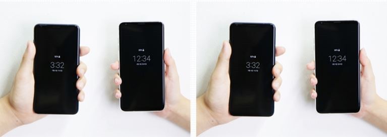 Two photos show the 2:1 display ratio of LG V30 ThinQ on the left and the 2.1:1 ratio of LG V40 ThinQ on the right respectively.
