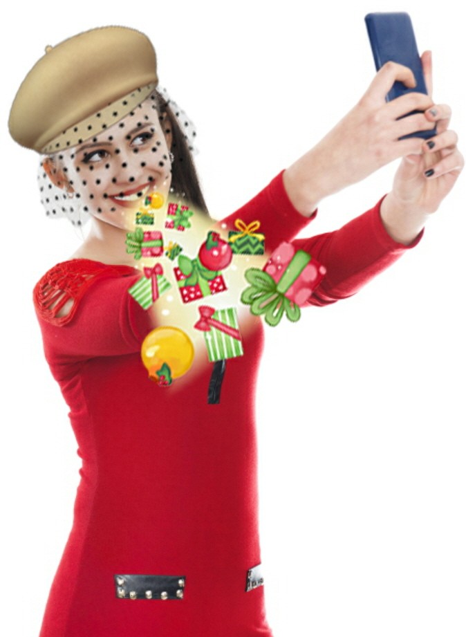 Another woman’s selfie, her face is decorated by “the hat with a veil” AR sticker.