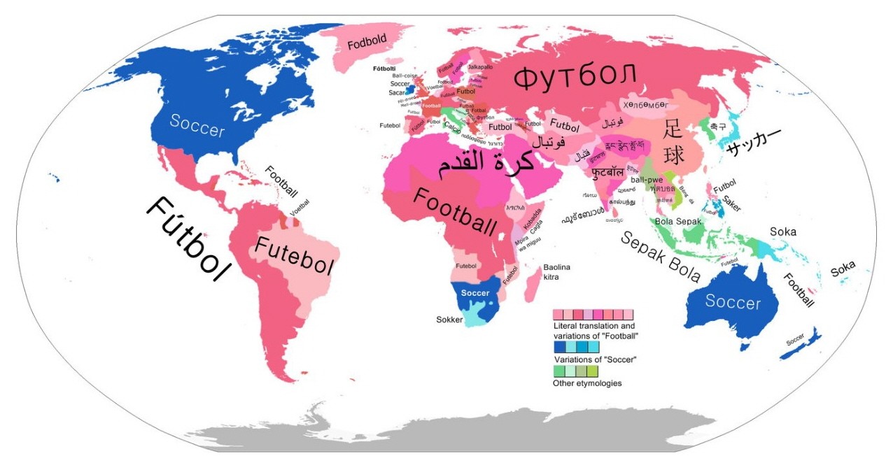 A world map that indicates the geographical and linguistic variations in naming the soccer