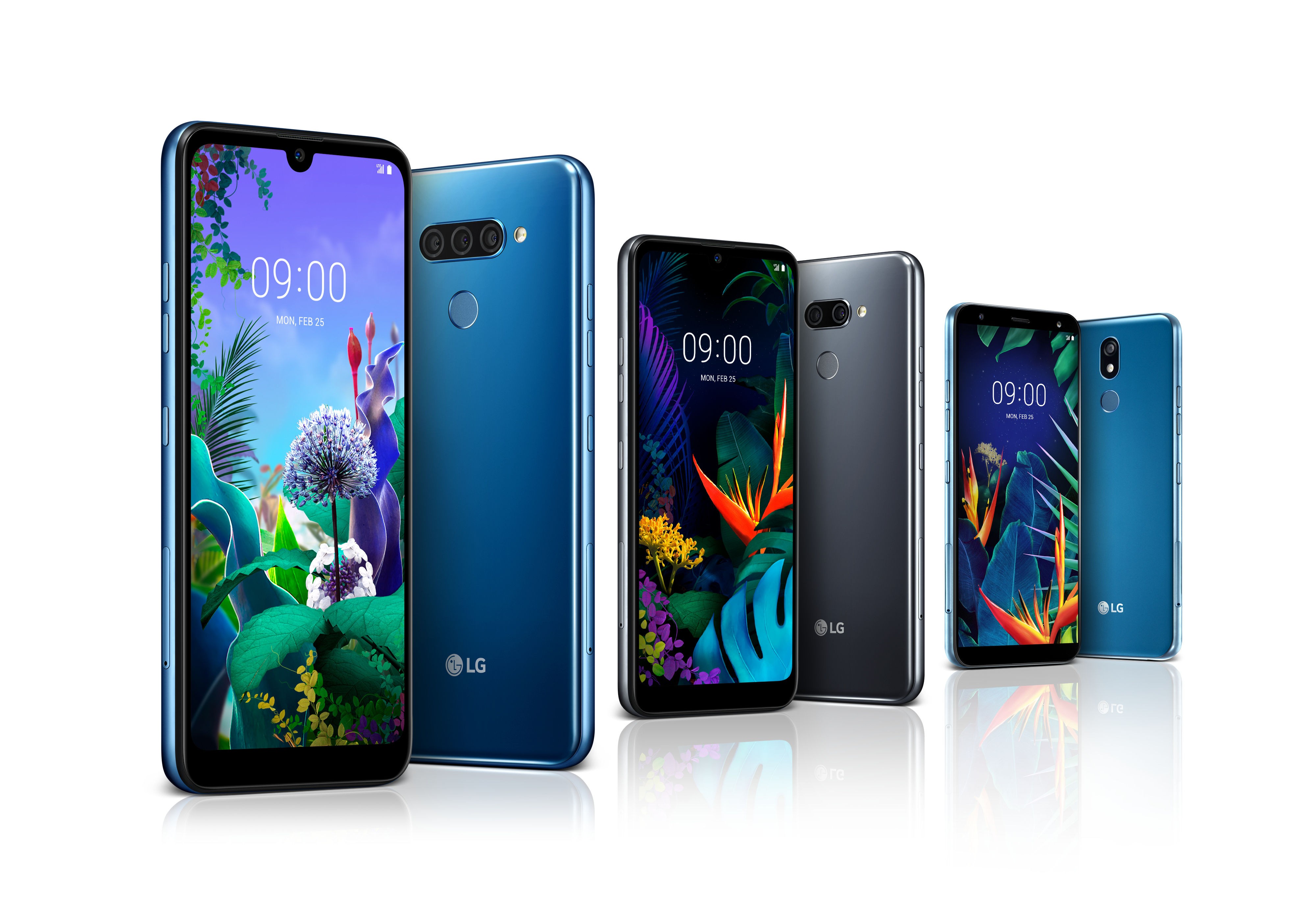 The front and rear view of the LG Q60 in New Moroccan Blue, the LG K50 in New Platinum Gray and LG K40 in New Moroccan Blue
