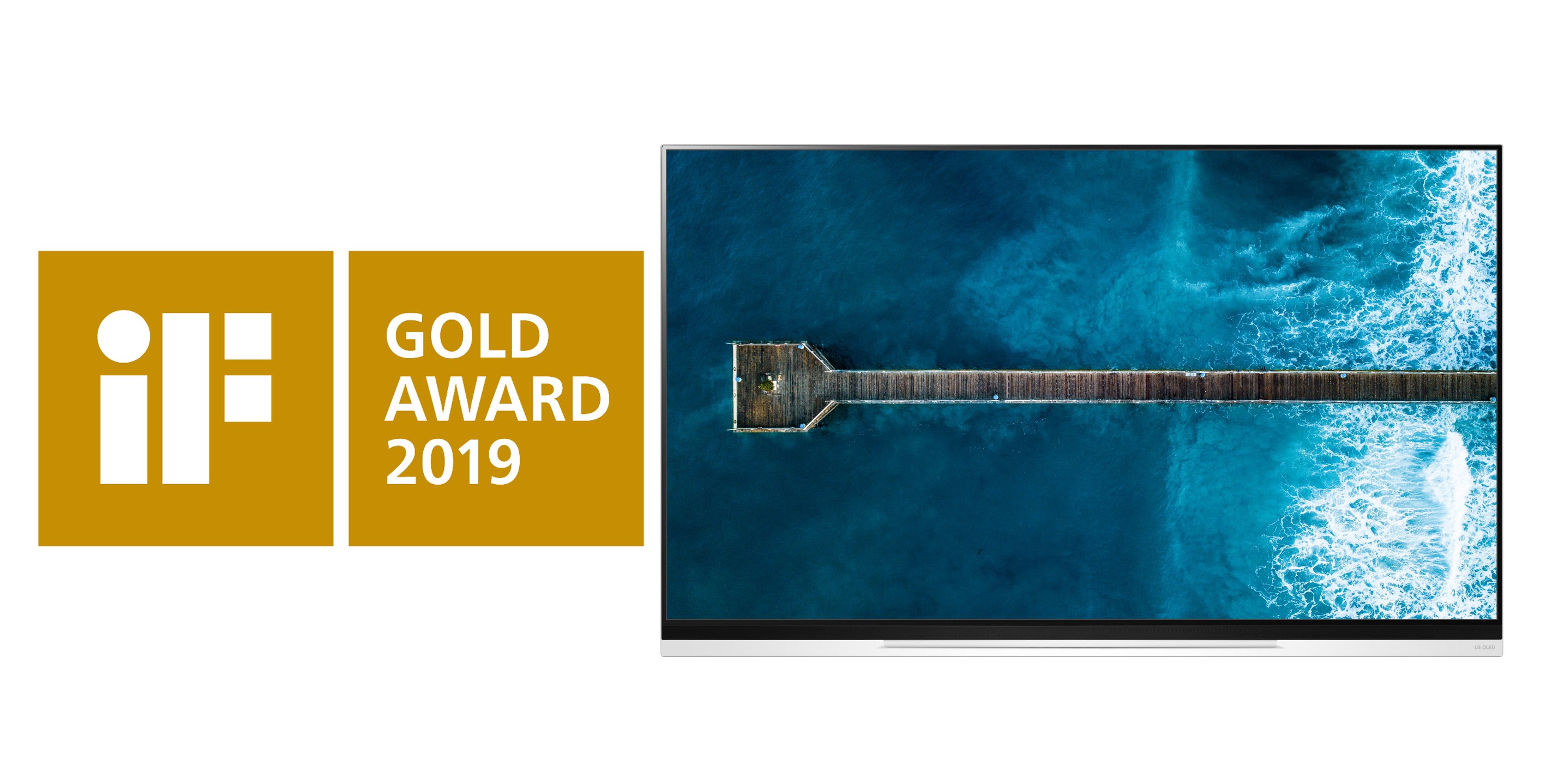 Logo of iF Gold Award and the LG OLED TV E9 image.