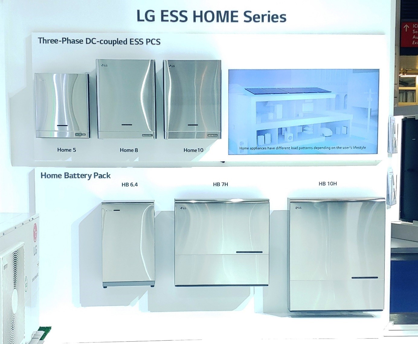 A promotional display of products in the LG ESS HOME Series lineup