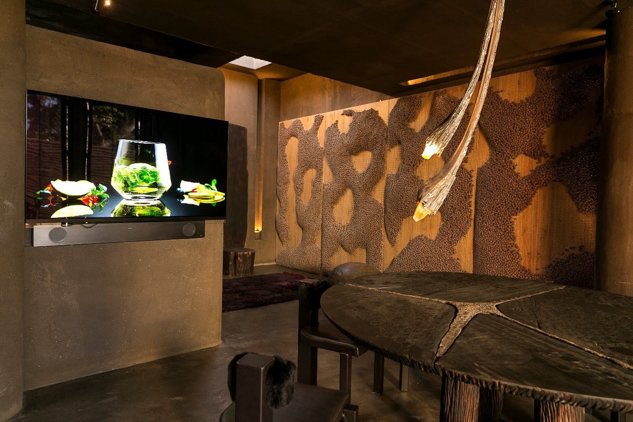 An inside view of LG’s 77-inch OLED TV and the kitchen designed by Brazilian architect, Gustavo Neves at LG’s Planet Home