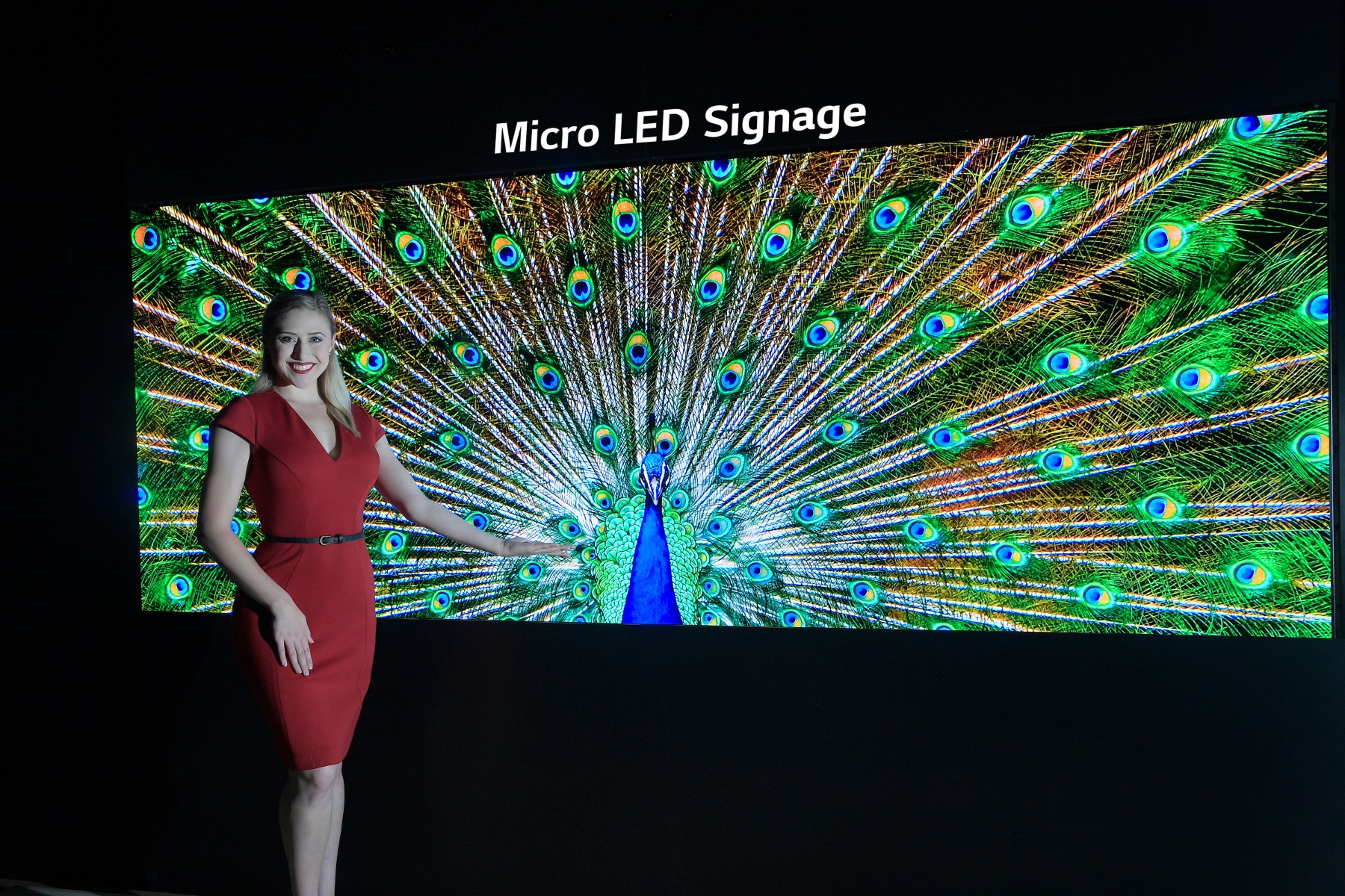 A model poses with the Micro LED signage.
