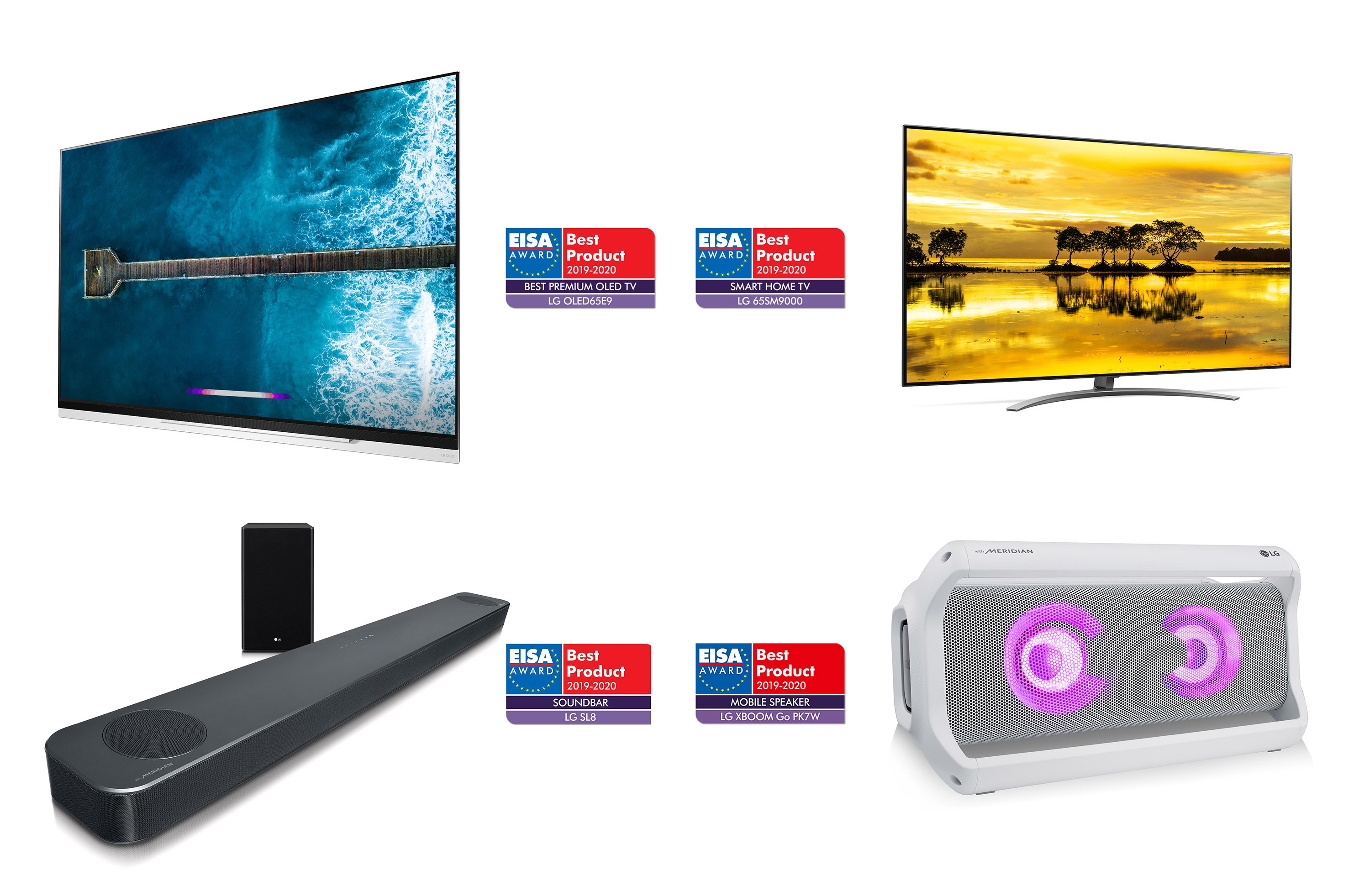 LG’s AI-enabled products including the LG OLED TV model OLED65E9 and LG NanoCell TV model 65SM9000 on top, and the LG Soundbar model SL8YG and LG XBOOM Go model PK7 at the bottom, with the corresponding EISA Award logo at each product’s side.