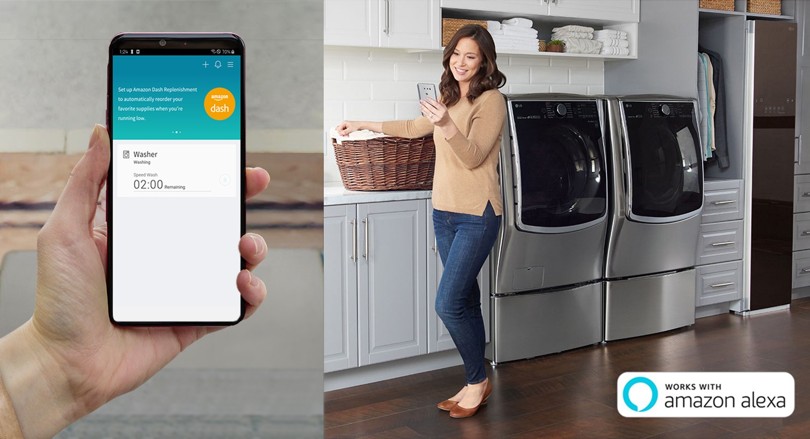 A woman holds a laundry basket while looking at her phone in front of LG laundry appliances, with a close-up of the smartphone displaying the remaining wash time and an option to set up Amazon Dash Replenishment.