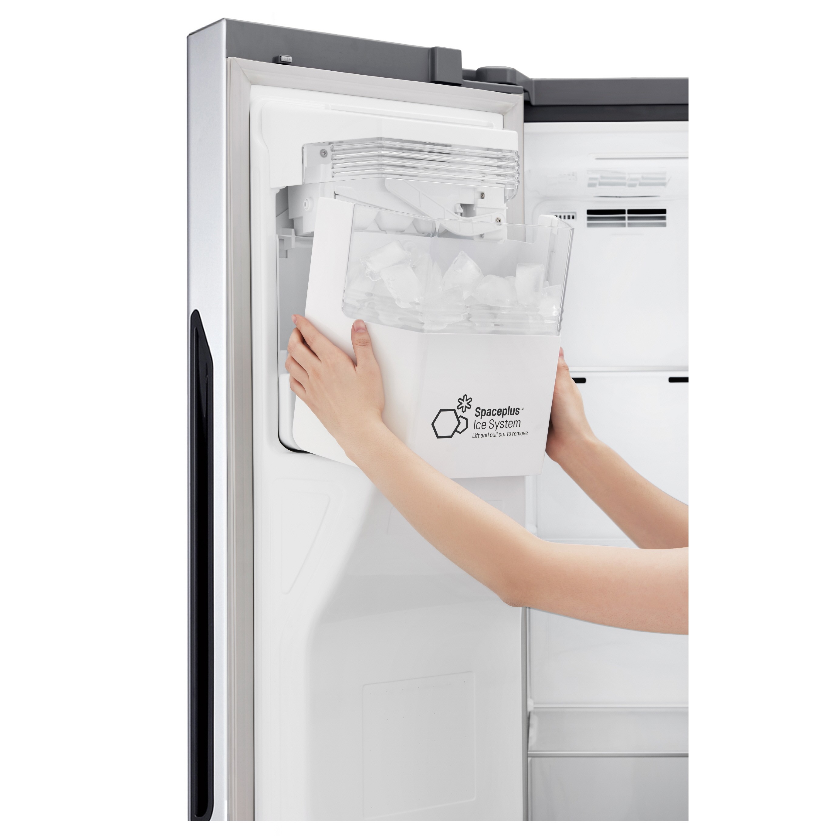 A close-up view of showing LG’s patented door-ice making refrigerator technology.