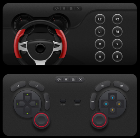 Full-sized touchscreen controllers on the LG Dual Screen, which allows users to either choose their game pads for shooting, racing, action and sports games, or design their own game pad.