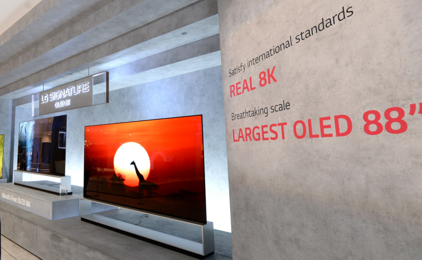 A side view of the promotional stand for the 8K LG SIGNATURE OLED TV lineup