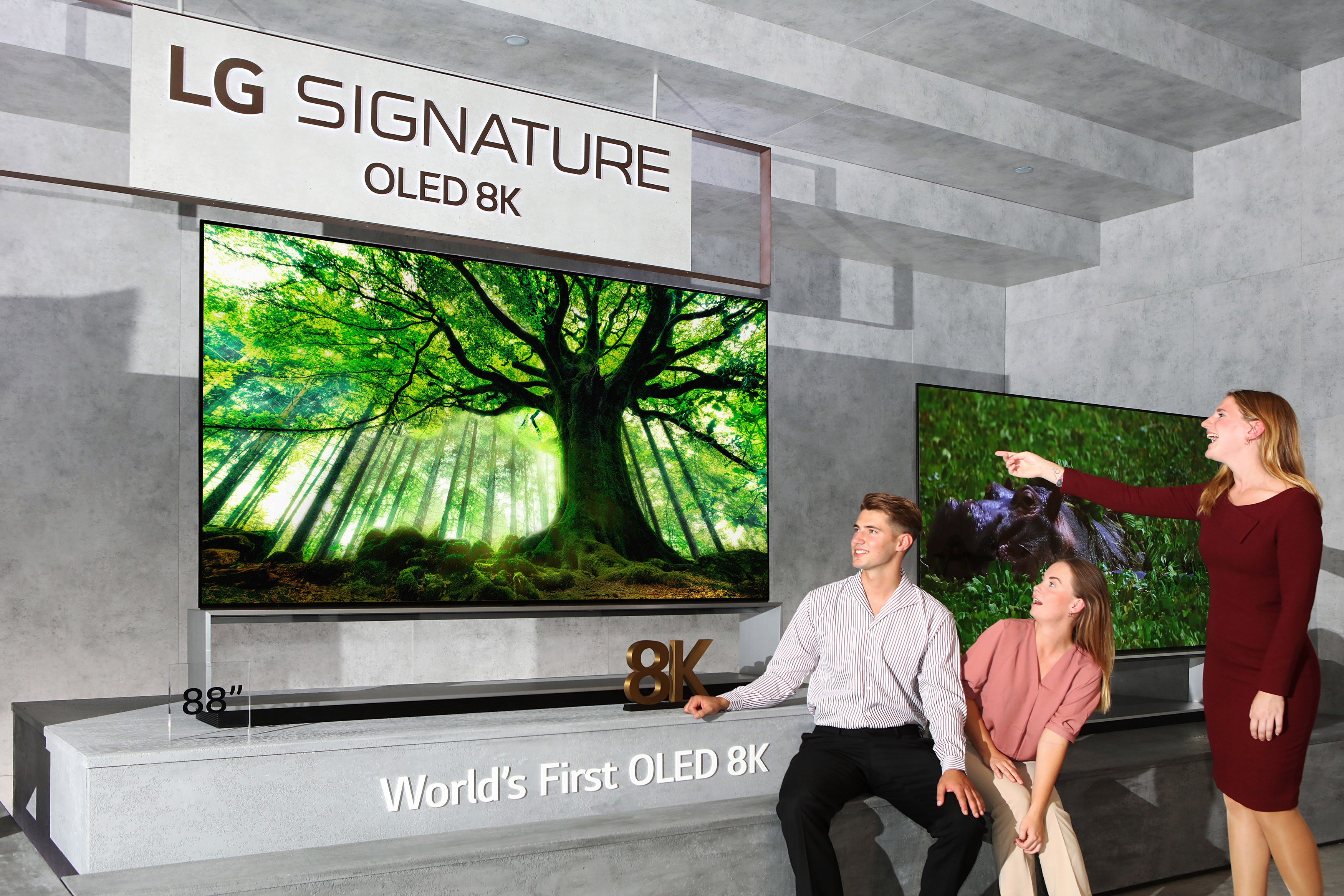 Three models admiring the LG SIGNATURE OLED 8K TV while it displays an enormous tree.