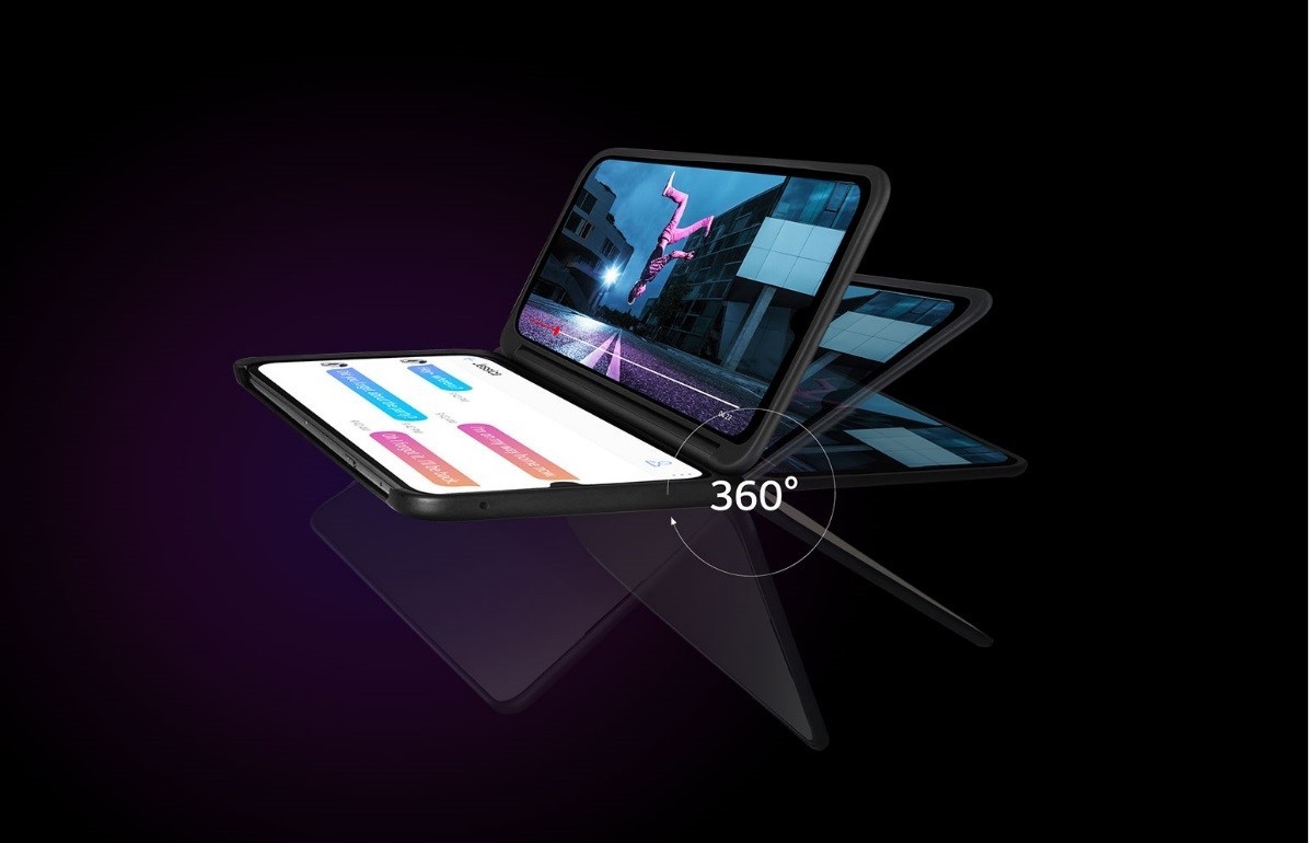 A concept image showing that the Dual Screen can be moved around a full 360 degrees