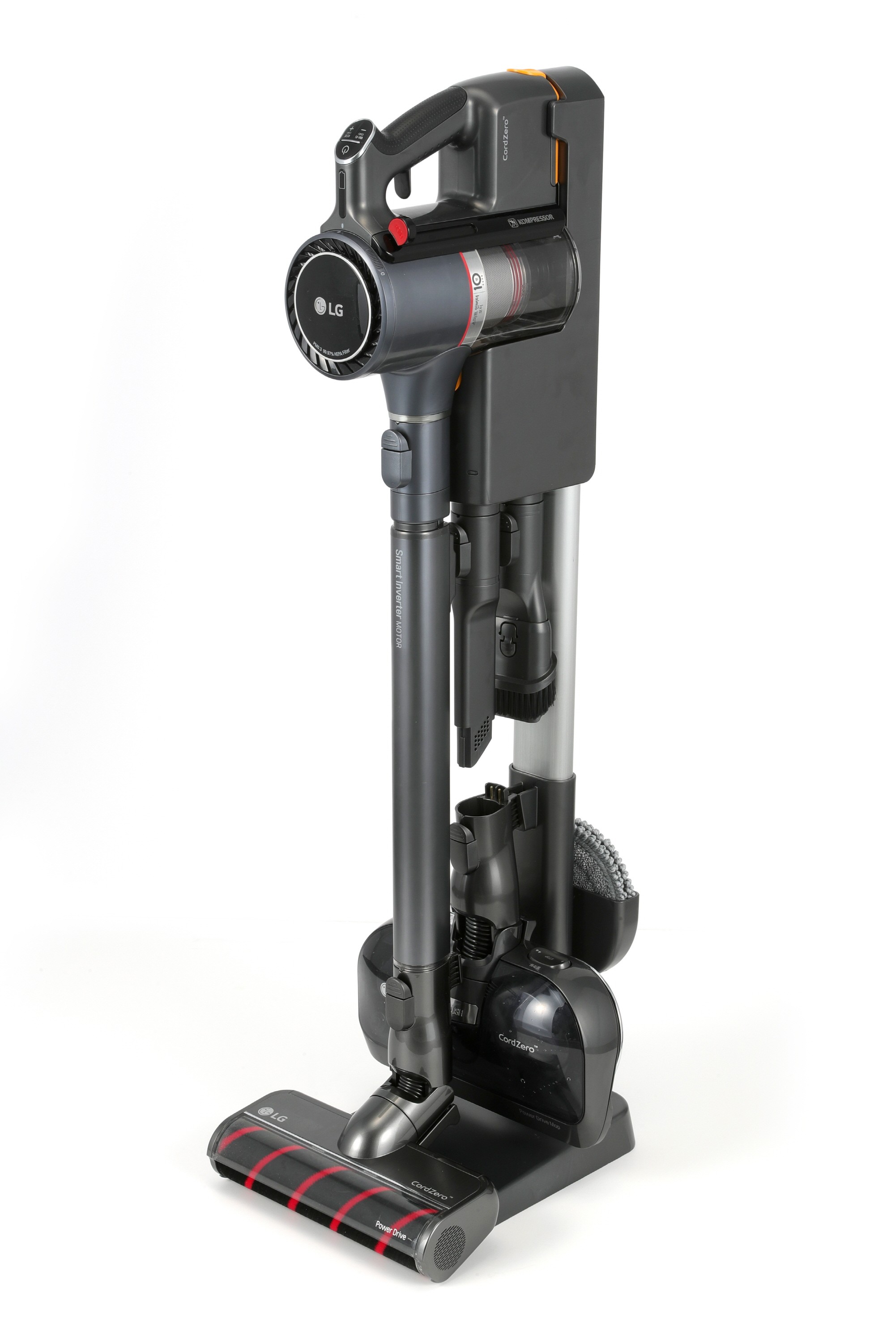LG CordZeroThinQ A9 Stick Vacuum hooked up to its multi-type charging stand that provides space-efficient storage for the vacuum and its various nozzles and accessories.