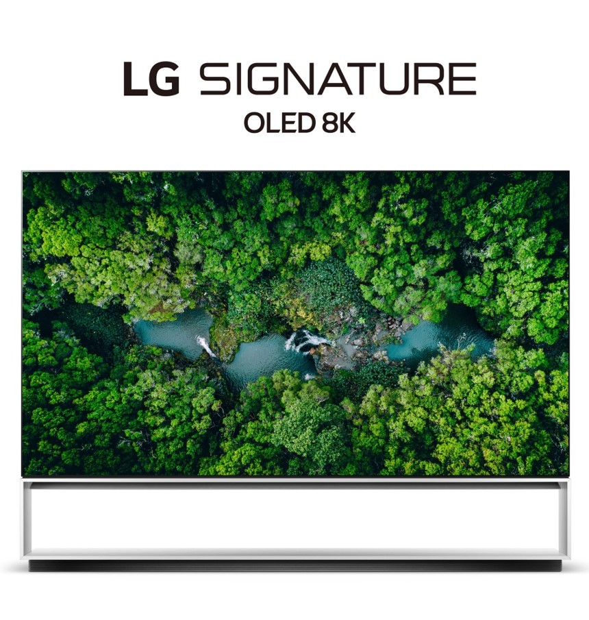 Front view of LG’s 2020 Real 8K OLED TV with the LG SIGNATURE OLED 8K logo positioned above.