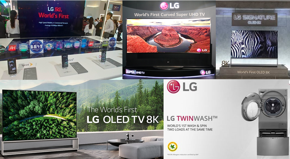 A five-picture collage showing LG's world’s-first technological achievements, including the first 5G smartphone, curved UHD TV, 8K OLED TV and washing machine with TwinWash technology