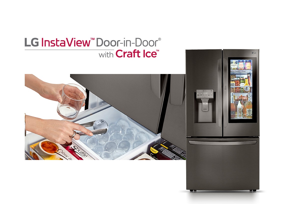 Front view of LG InstaView™ Door-in-Door® showing its inside through the InstaView becoming transparent with a close-up view of a user taking out Craft Ice™ from a drawer.