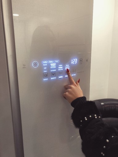 A woman pushes a button on the front door display panel of the LG Styler to set it to cleaning mode