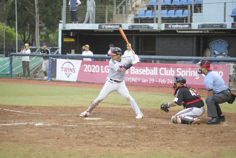 An LG Twins baseball player winds up as he tries to hit a baseball out the park