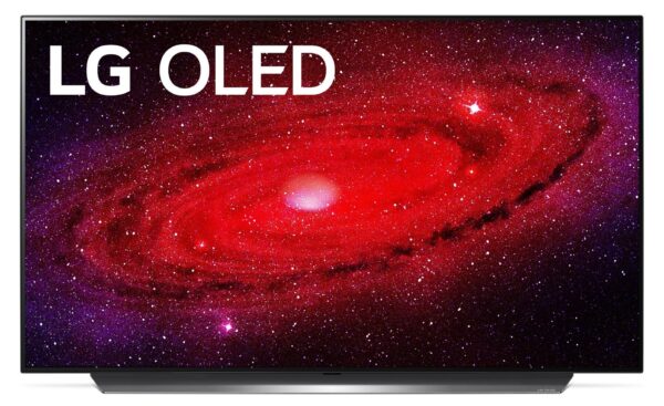 Front view of LG’s 48-inch OLED TV displaying every detail of a red and purple galaxy, with the LG OLED logo in the top-left corner of the screen