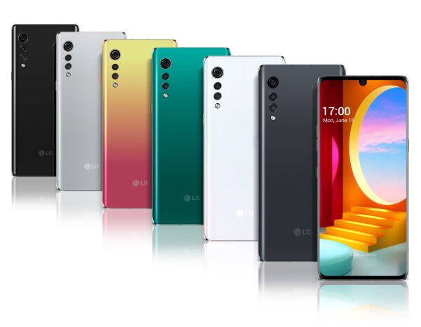 Front and rear view of LG VELVET in New Black, Aurora Silver, Illusion Sunset, Aurora Green, Aurora White and Aurora Gray