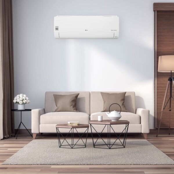 A peaceful living room with an LG air conditioner fitted above the sofa 