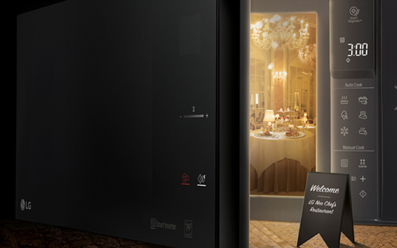 A creative image of the LG NeoChef microwave oven with its door opening to reveal a fancy restaurant inside 