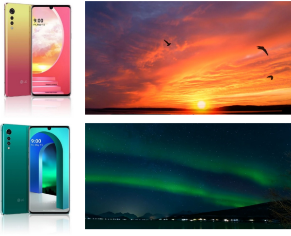 Two representative colors of LG VELVET; Illusion Sunset and Aurora Green, next to images depicting their inspiration