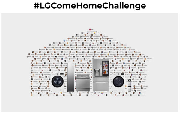 A shape of the house formed by participants’ IDs, under the text ‘#LGComeHomeChallenge.’ LG washing machine, dryer, Styler, oven, refrigerator and air purifier in the house.