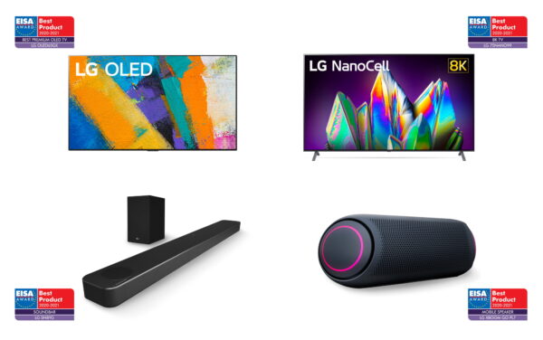 An image displaying LG Home Entertainment's 2020-2021 EISA Best Product Award-winning OLED TV, 8K Nanocell TV, soundbar and LG XBOOM Go PL7