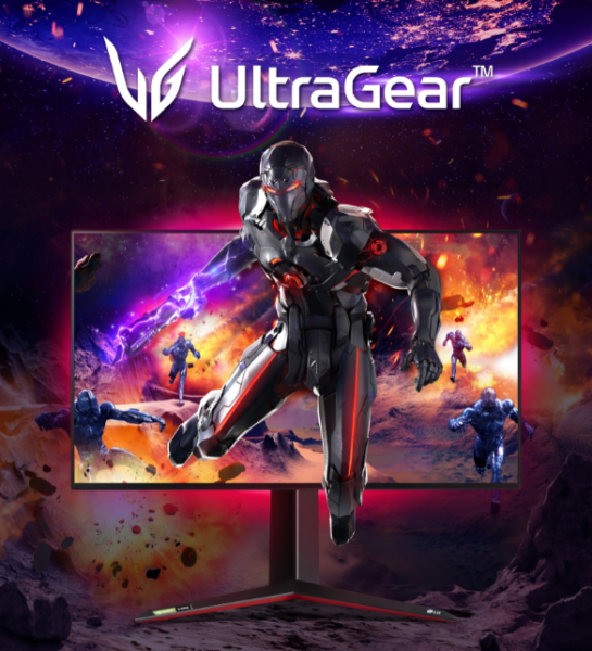 An LG UltraGear promotional image displaying an outer-space scene with a game character bursting out from the monitor's screen