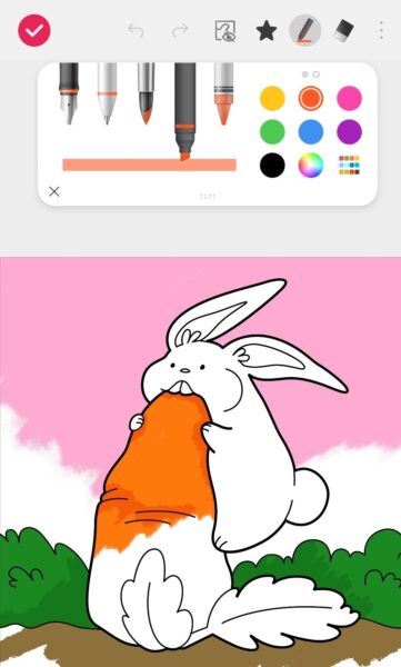 A screenshot of LG VELVET’s art-inspired app showing someone’s half-finished picture of a rabbit eating a carrot and the many drawing tools to choose from above