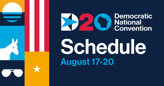 Poster for the 2020 Democratic National Convention with its schedule and political symbols displayed