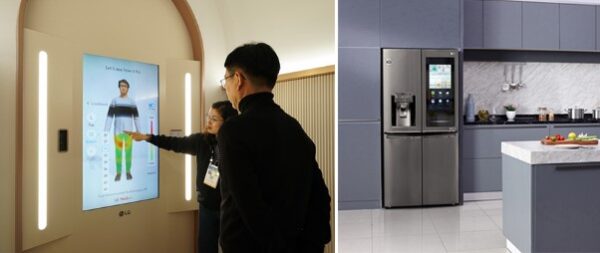 The left image shows an LG representative explaining how to use ThinQ Fit to shop for clothes, whereas the second image displays LG’s smart refrigerator in a modern kitchen setting with its front display turned on