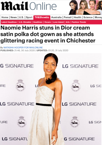 British actress Naomie Harris shown attending LG SIGNATURE’s Goodwood event in an article on the MailOnline’s TV and Showbiz section