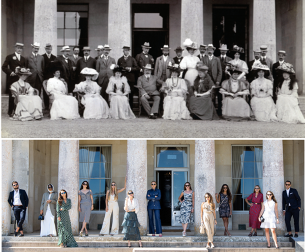 Stylish models try to recreate an iconic photo from the 1800s on the front steps of Goodwood House