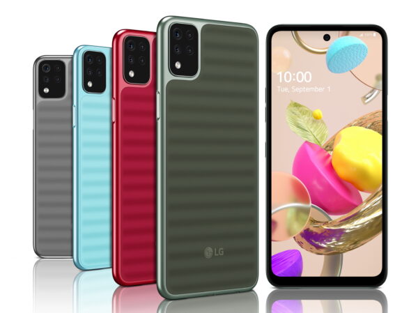 Front and rear view of LG K42 in Gray, Sky Blue, Red and Gray