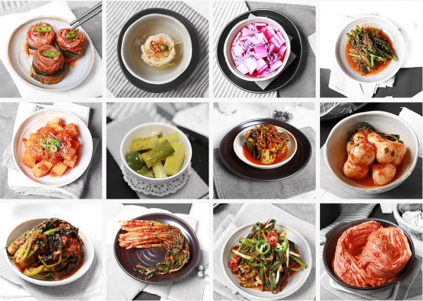 A photo collage of all the different kinds of kimchi – a Korean traditional side dish made from salted, fermented vegetables