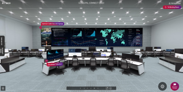 LG’s Optimum Cable-less LED Signage and UltraWide Monitor shown within a control center setting during the Vertical Showroom Tour