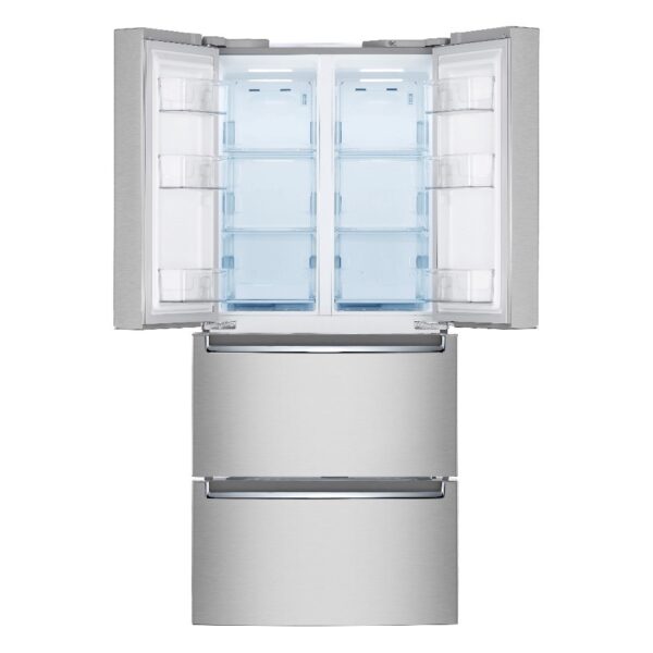 A front view of LG’s kimchi refrigerator in silver with its top doors opened wide to showcase its interior compartments