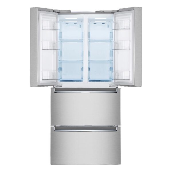 A front view of LG’s kimchi refrigerator in silver with its top doors opened wide to showcase its interior compartments