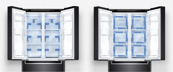 Front view of the top half of LG’s kimchi refrigerator in black with both doors open and arrows illustrating where its control system circulates cold air every 6 minutes through 20 air vents