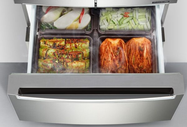 A closer look inside one of the two lower compartments of LG’s kimchi refrigerator, which is storing four large boxes holding four kinds of kimchi