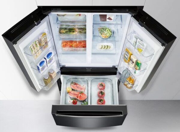 A high view of the LG kimchi refrigerator with all its doors opened and each of its expansive sections filled with diverse foods and drinks