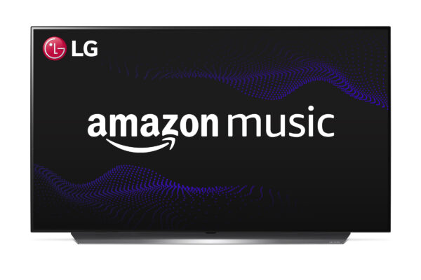 Front view of an LG TV displaying the Amazon Music logo in the center of its screen to celebrate its new compatibility