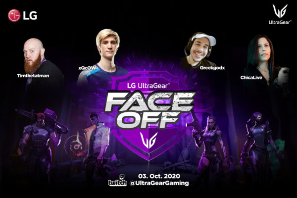 Poster for the LG UltraGear FACE-OFF tournament airing live on October 3 with popular Twitch streamers, TimTheTatman, xQcOW, Greekgodx, and ChicaLive