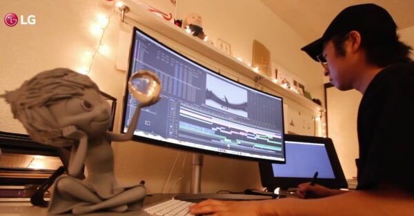 Erick Oh, a former Pixar animator, working on the UltraWide monitor which allows him to get all the little details and every single hue exactly right