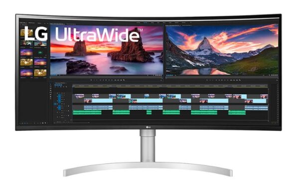 Front view of LG’s leading 21:9 aspect ratio UltraWide monitor displaying video/photo editing software