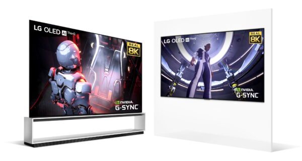 A pair of LG 8K OLED TVs - one on a TV stand and the other mounted on the wall - offering smooth and immersive 8K gaming experiences with the LG OLED AI ThinQ, Real 8K, and NVIDIA G-Sync logos in the corners of both displays